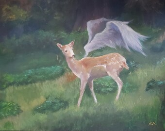 One of a Kind 11x14 inch Winged Deer Fantasy Painting Home Decor Gift Art Acrylic Horizontal