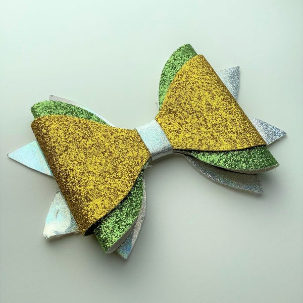 Disney Inspired Princess Tiana Hair Bow, Princess and the Frog, Green and Yellow Princess Glitter Bow, Ethnic Bow, New Orleans Hairbow,