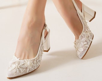 bridal shoes short heels tulle lace embroidery thick heels stylish design