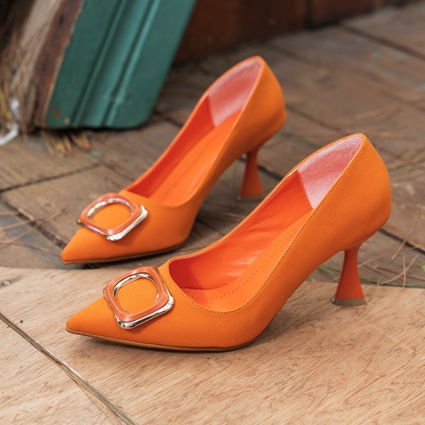 Orange suede slim-heeled women's evening shoes with stone buckle detail