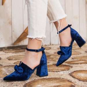 Dark blue Velvet Women's Low Heel Wedding Shoes For Bride