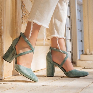 Green Velvet Criss Cross High Heels - Perfect for Brides and wedding shoes