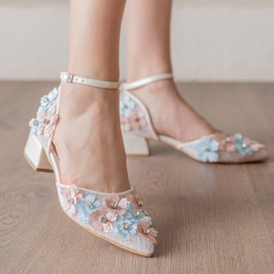 bridal shoes short heels tulle lace embroidery elegant design wedding shoes Special Bridal Shoes  Luxury design