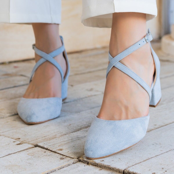 Blue Velvet Women's Low Heel Wedding Shoes For Bride