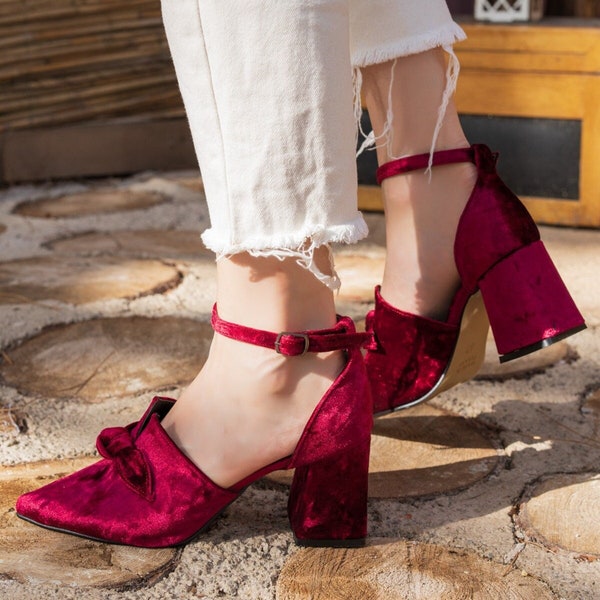 Dark Red Velvet Low Heels - Perfect for Brides and Emerald Elegance