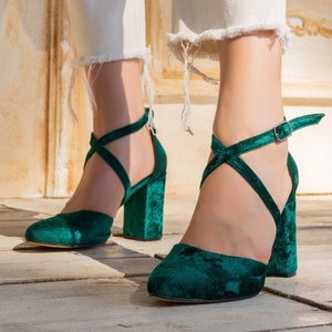 Dark Green Velvet Criss Cross High Heels - Perfect for Brides and Emerald Elegance