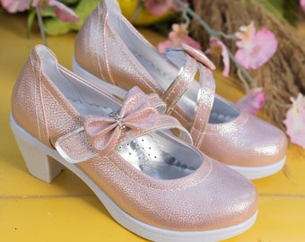 Girls' Heel Glitter Shoes - Dusty Pink Rock Glitter mary-jane high heels
