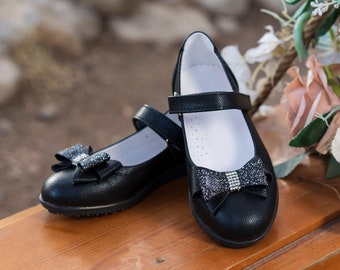 Black Smokin Bowtie Sparkly Stone-Detailed Girls' Show Shoes