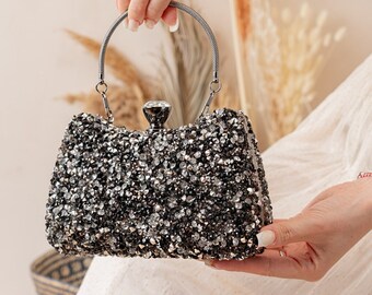 Luxury Black Stone Embellished Silver Detailed Bag for Weddings and Special Occasions