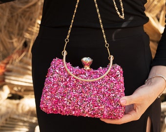 Luxury Pink Stone Embellished Gold Detailed Bag for Weddings and Special Occasions