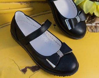 Black Smokin Bowtie Sparkly Stone-Detailed Girls' Show Shoes - Children's Holiday Footwear
