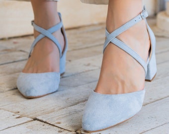 Zapatos de boda de tacón bajo de mujer de terciopelo azul para novia