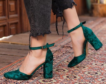 Emerald green velvet thick-heeled personalized wedding shoes