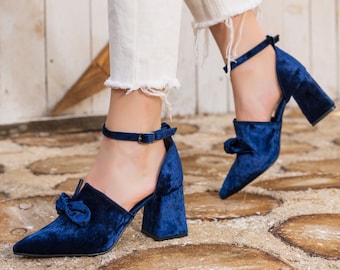 Dark blue Velvet Women's Low Heel Wedding Shoes For Bride