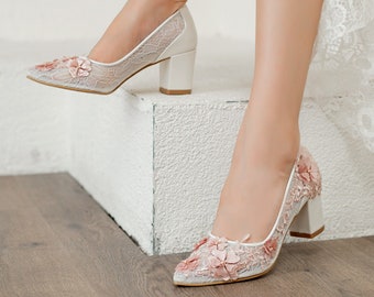 Pink Lace Embroidery Women Wedding Shoes, Bridesmaids Shoes, Bridal Shoes
