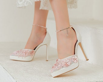 Pink Lace Embroidery Women Wedding Shoes, Bridesmaids Shoes, Bridal Shoes