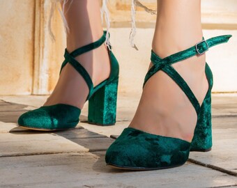 Dark Green Velvet Criss Cross High Heels - Perfect for Brides and Emerald Elegance