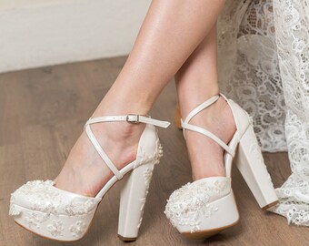 Closed Bridal Shoes, lace embroidered cross band custom bridal shoes