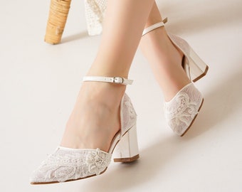 bridal shoes short heels tulle lace embroidery elegant design