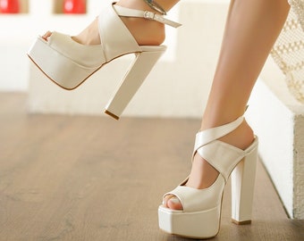 white chunky platform heels