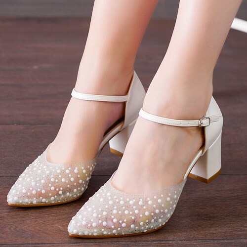 Wedding Dress Shoes Thick Heeled Pearl Embroidered Etsy