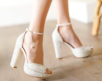 Wedding dress shoes pearl design thick heel platform comfortable bridal shoes