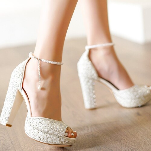 Wedding Dress Shoes Pearl Design Thick Heel Platform Etsy