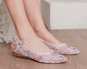 wedding dress flat shoes lace embroidered personalized stylish design wedding and dance shoes