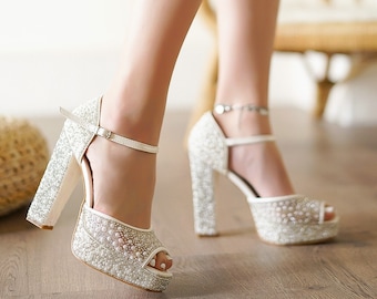 Wedding dress shoes tulle pearl embroidered thick heel platform stylish bridal shoes personalized design