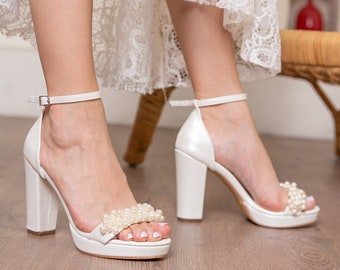 bridal shoes chunky heels pearl embellished band personalized stylish design wedding and dance shoes