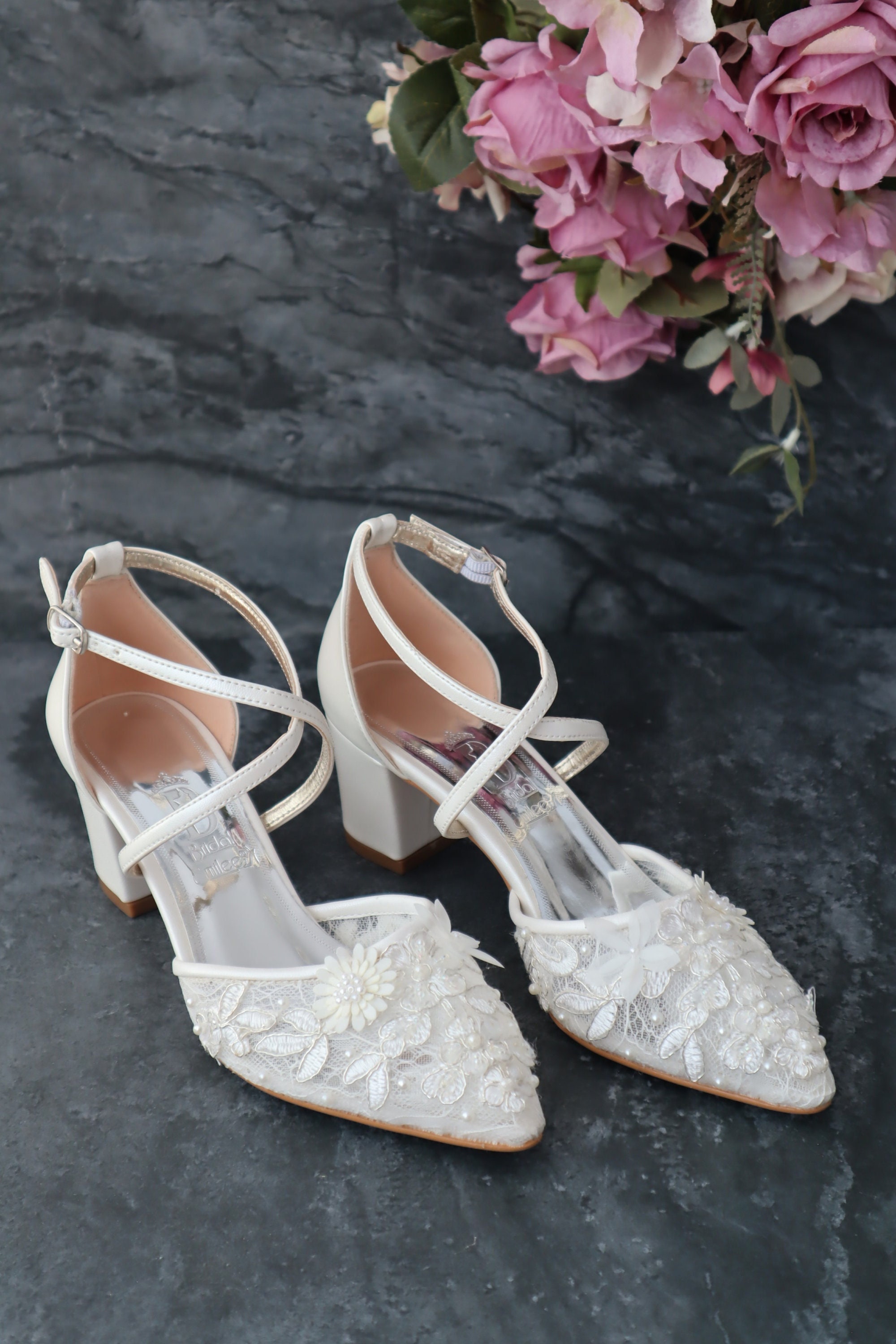 Short Heels/tulle/lace Embroidery/thick Heels/comfortable - Etsy UK