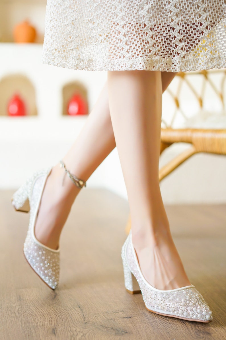 Wedding Dress pearl embroidered stone detailed transparent bridal shoes handmade special design image 3