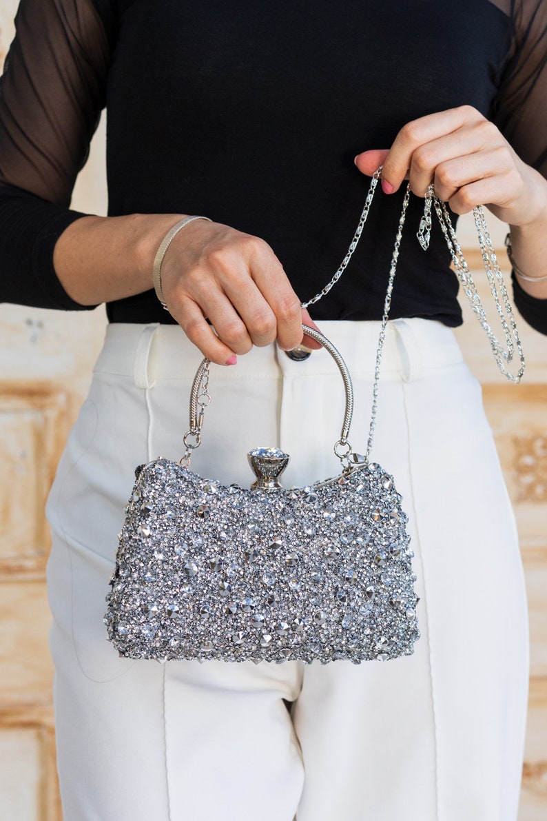 Luxus Silber Stein Verschönerte Silber Detaillierte Tasche für Hochzeiten und Besondere Anlässe Bild 3