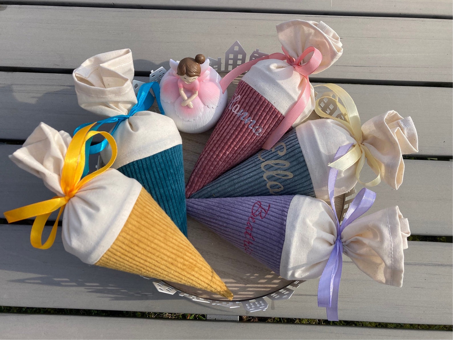 Mini corduroy fabric school cone, filled or unfilled