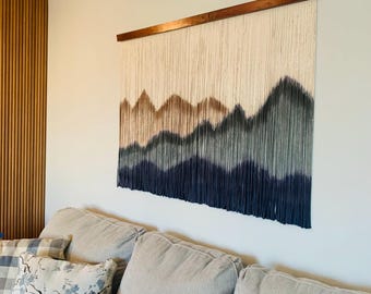 dyed macrame wall hanging / macrame mountains tapestry / large boho mural/ living room decor/ over bed decor / custom size wall art