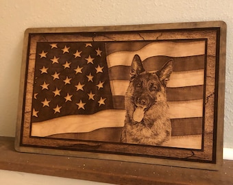Wooden American Flag with German Shepherd - Rustic Laser Engraved Wall Decor