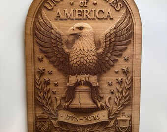 Laser Engraved Wooden print with Soaring Eagle over the Liberty Bell. Patriotic Wall or Desk Decor 1776 - 2026