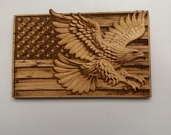 Laser Engraved Wooden American Flag with Soaring Eagle: Patriotic Wall or Desk Decor