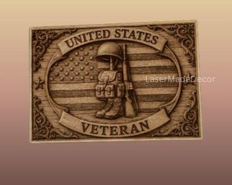 Laser Engraved Wooden American Flag Military themed. Patriotic Wall, Shelf or Desk Decor