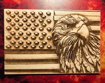 Flag with Eagle. Wall Decor. Wooden American Flag. Patriot Wings America Natural Laser Hand Made. Rustic Waving Flag. Great for wall decor!