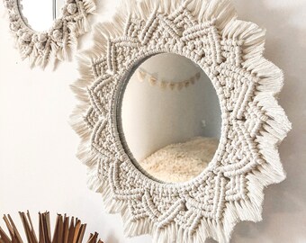 Round mirror in macramé "SOLVEÏ" / Boho decoration / 100% cotton