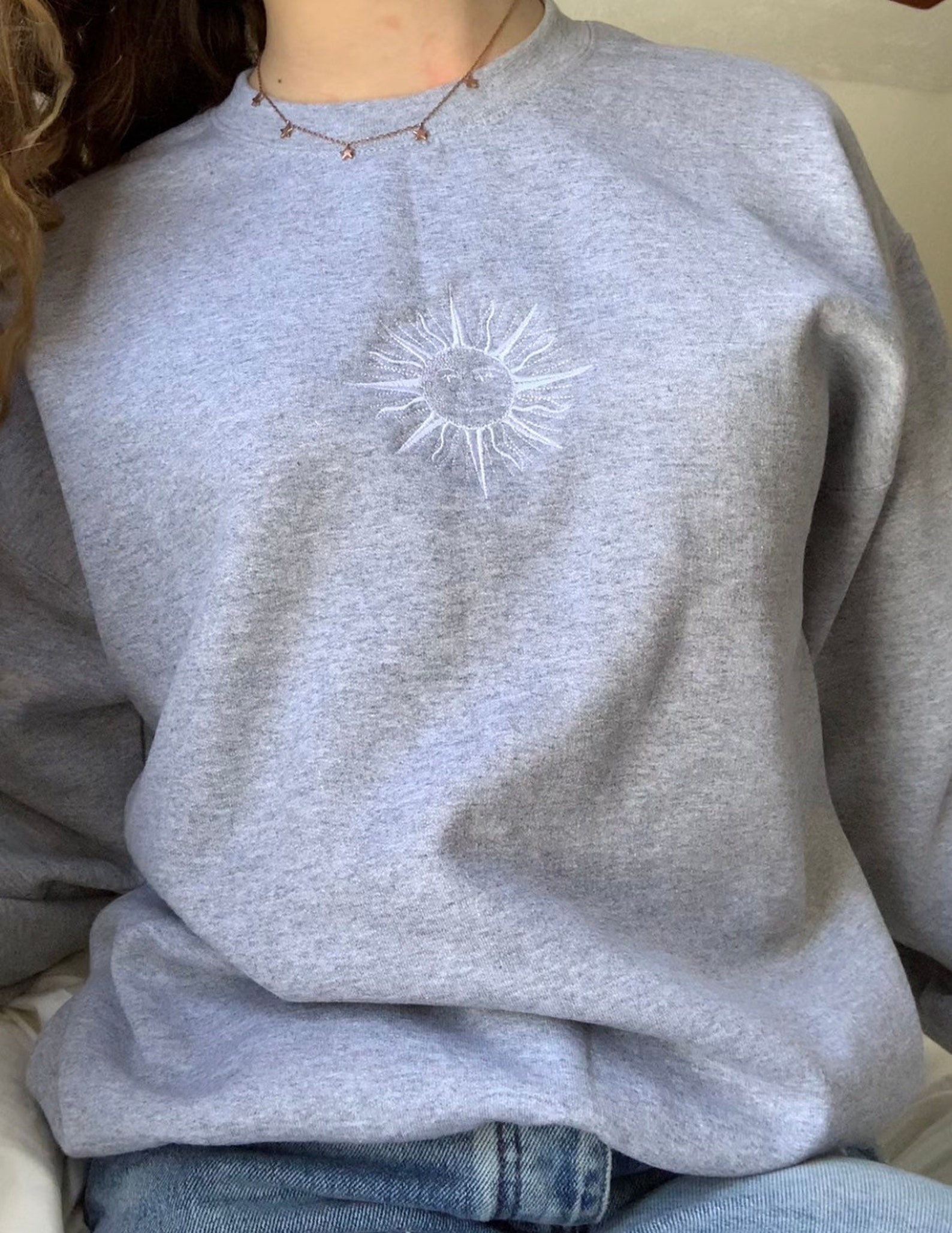 Sun Embroidered Crewneck Sweatshirt Etsy