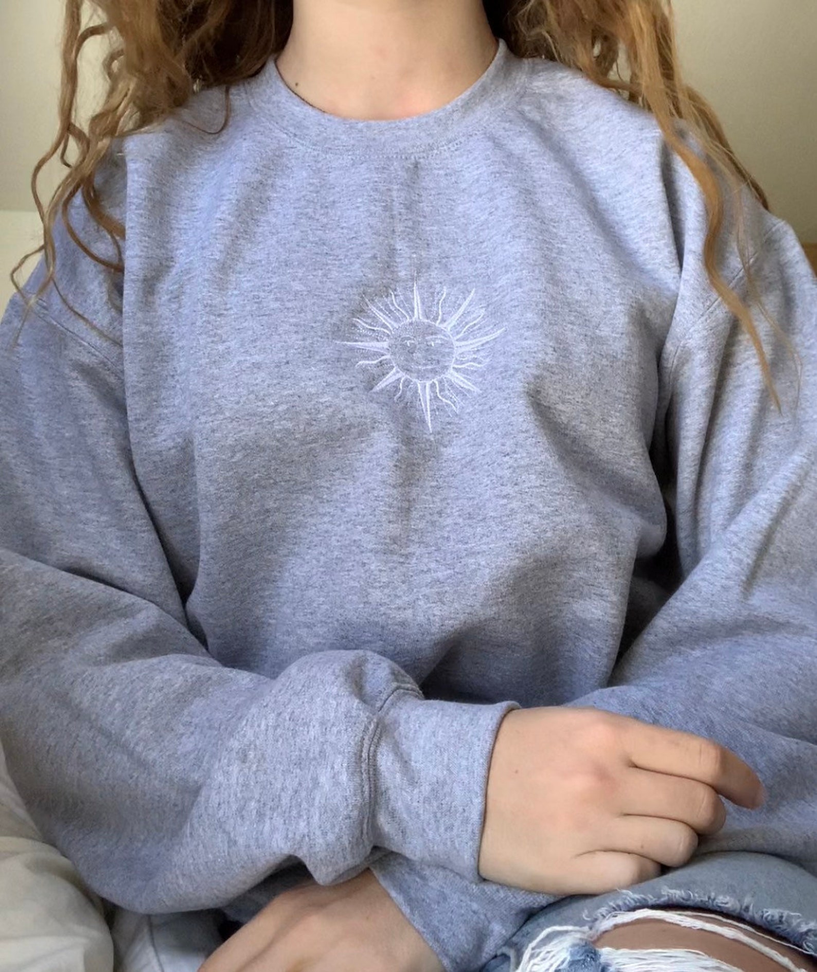 Sun Embroidered Crewneck Sweatshirt Etsy