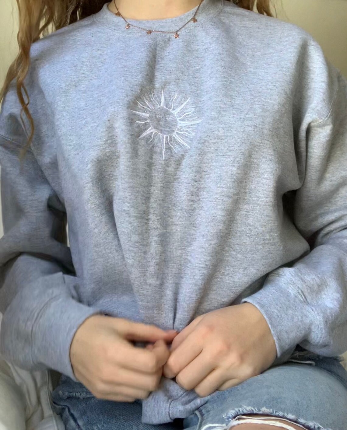 Sun Embroidered Crewneck Sweatshirt Etsy