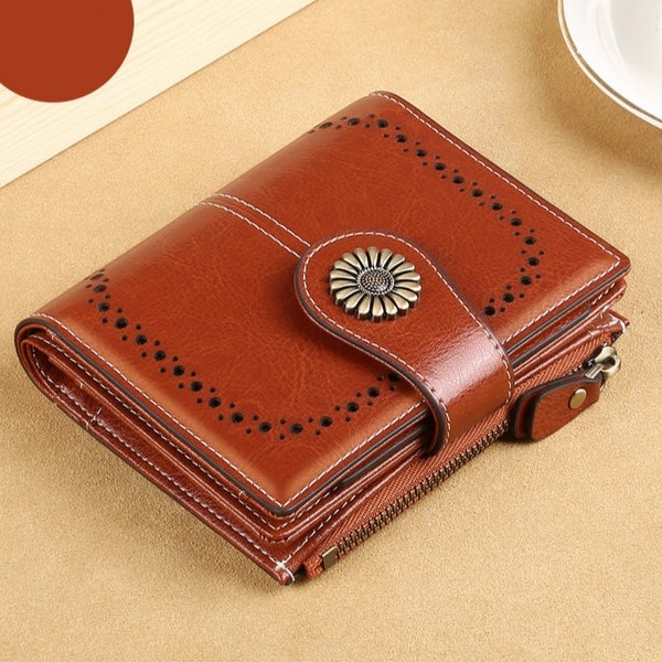 Vintage Handmade Genuine Leather Wallet for Women,Retro Purse Zipper Smartphone Holder Embossing Totem Satchel Pocket Anniversary Gift