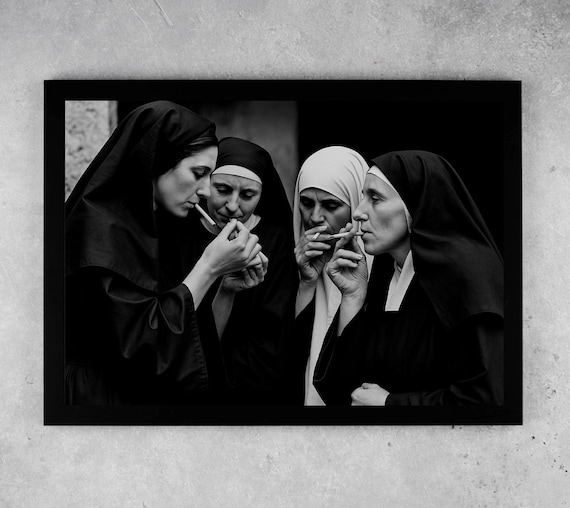 Rebellious Smoking Nuns Poster Print Canvas Framed Wall Art Black and White Religious Aesthetic Catholic Iconic Funny Decor Piece