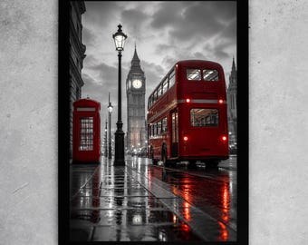 London Red Bus Poster Print Framed Canvas Wall Art Big Ben Rain Scene Cityscape Home Decor Gift