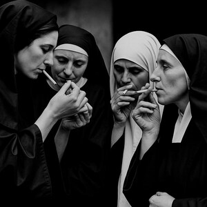 May include: A monochrome image showing four nuns in their habits, smoking cigarettes. One nun is lighting a cigarette for another. The image is a study in contrasts, with the white and black habits.