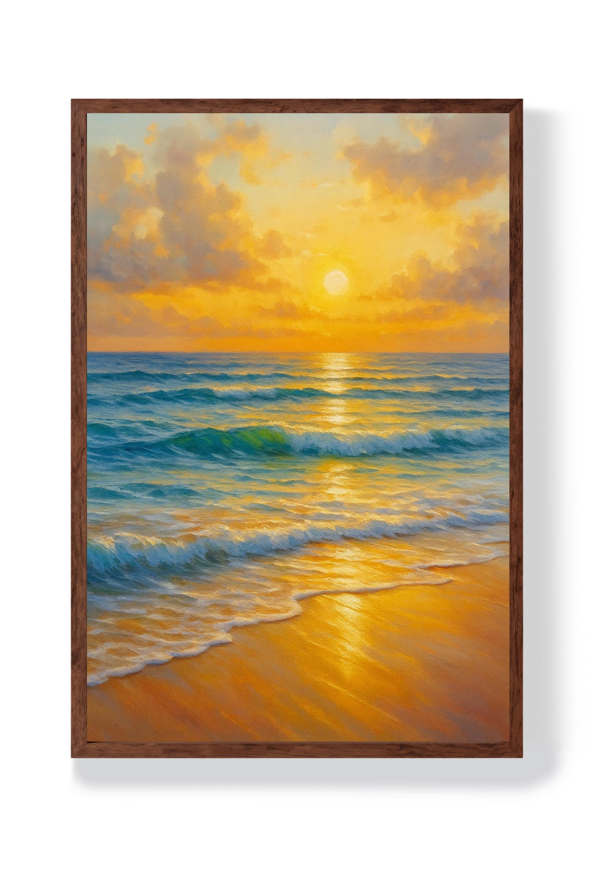 Golden Sunset Beach Ocean Waves Poster Print Framed Canvas Wall Art ...