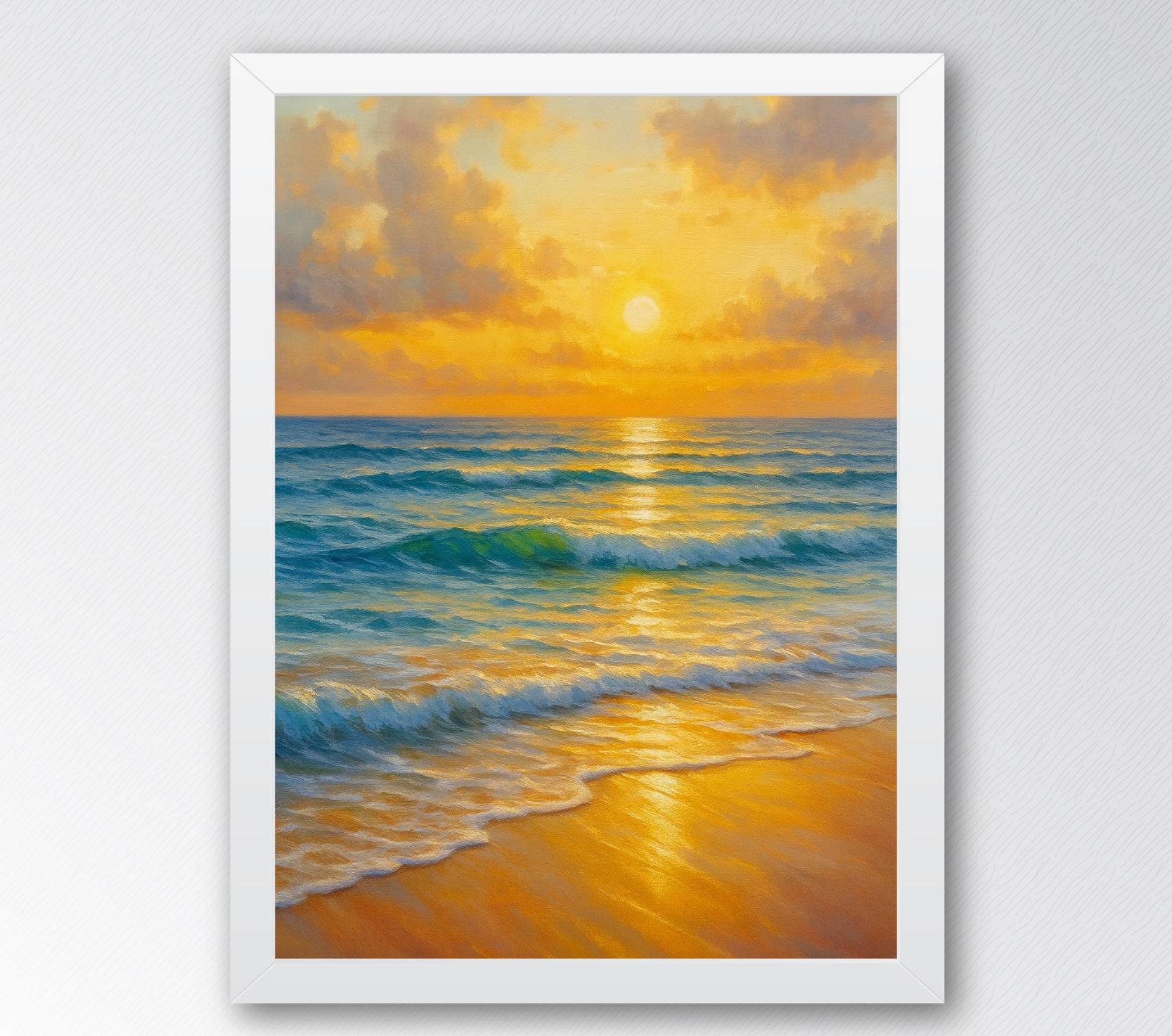 Golden Sunset Beach Ocean Waves Poster Print Framed Canvas Wall Art ...